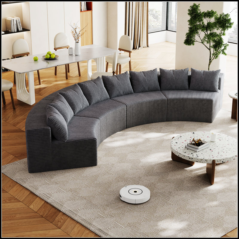 Corduroy Curved Sectional Sofa 8 Pillows 4 Modules for Bedroom, 30.5" H x 156" W x 63" D, 8, Grey