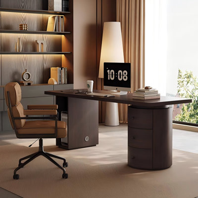 Bureau de direction brun rectangulaire en bois massif et manufacturé, 3 tiroirs
