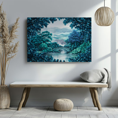Toile d'une tapisserie de paysage serein avec des arbres luxuriants emballés dans un art mural, différentes nuances de vert et de bleu