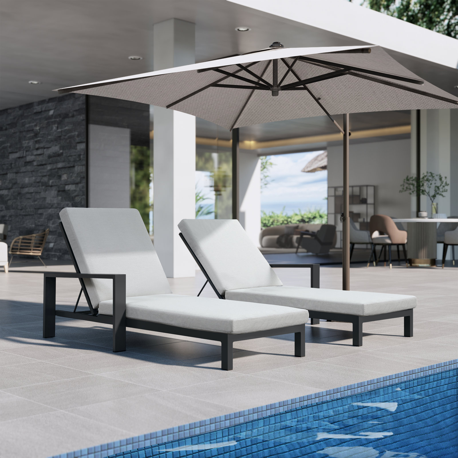 Hoyt Outdoor Metal Double Chaise Lounge, Slate Black , Light Gray