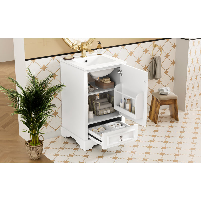 Meuble-lavabo peu encombrant avec cadre en bois massif, lavabo en céramique, porte à fermeture silencieuse et support de rangement réglable, poignée en alliage d'aluminium moderne, tiroir, tablette en U