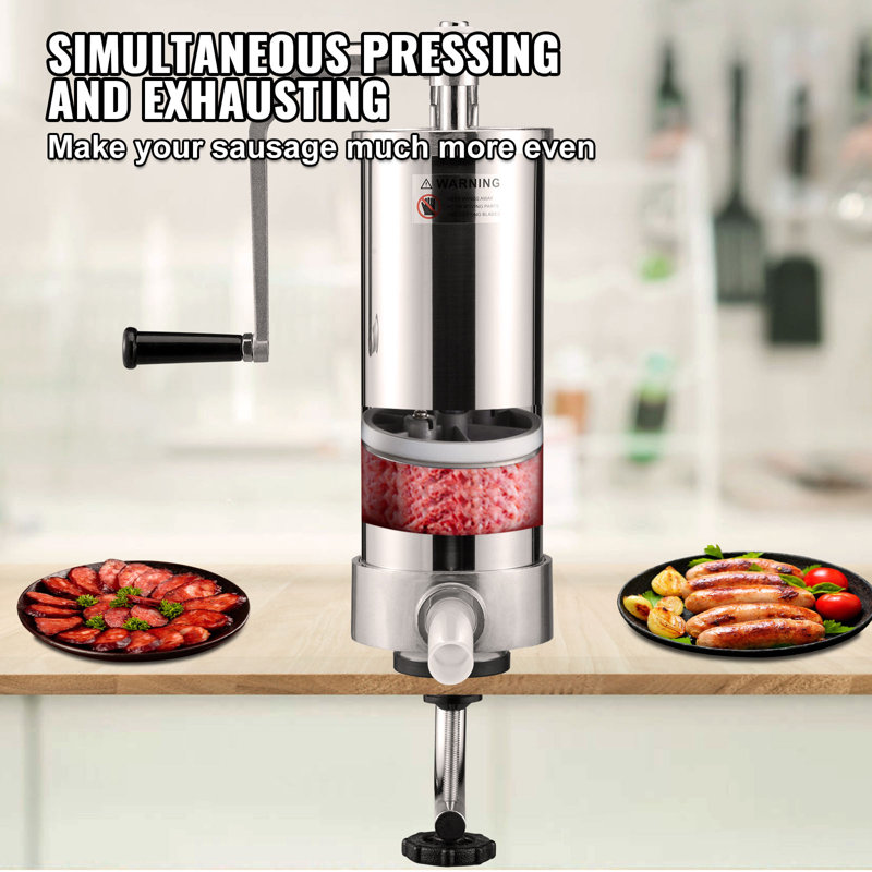Poussoir à saucisses vertical en acier inoxydable 304, capacité 2,3 kg (5 lb), avec 3 tubes de remplissage, ventouse et manivelle, pour usage domestique ou professionnel.