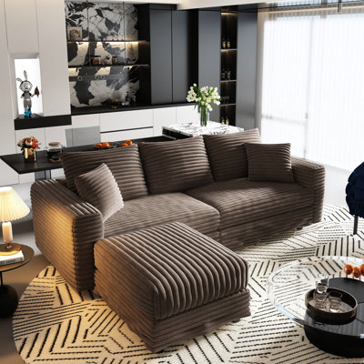 82,7 po à 3 sièges avec revêtement en velours côtelé doux, structure en bois massif, convertible en fauteuil inclinable, coussins en chameau, matériau confortable et confortable, siège profond, coussins multiples, assemblage facile