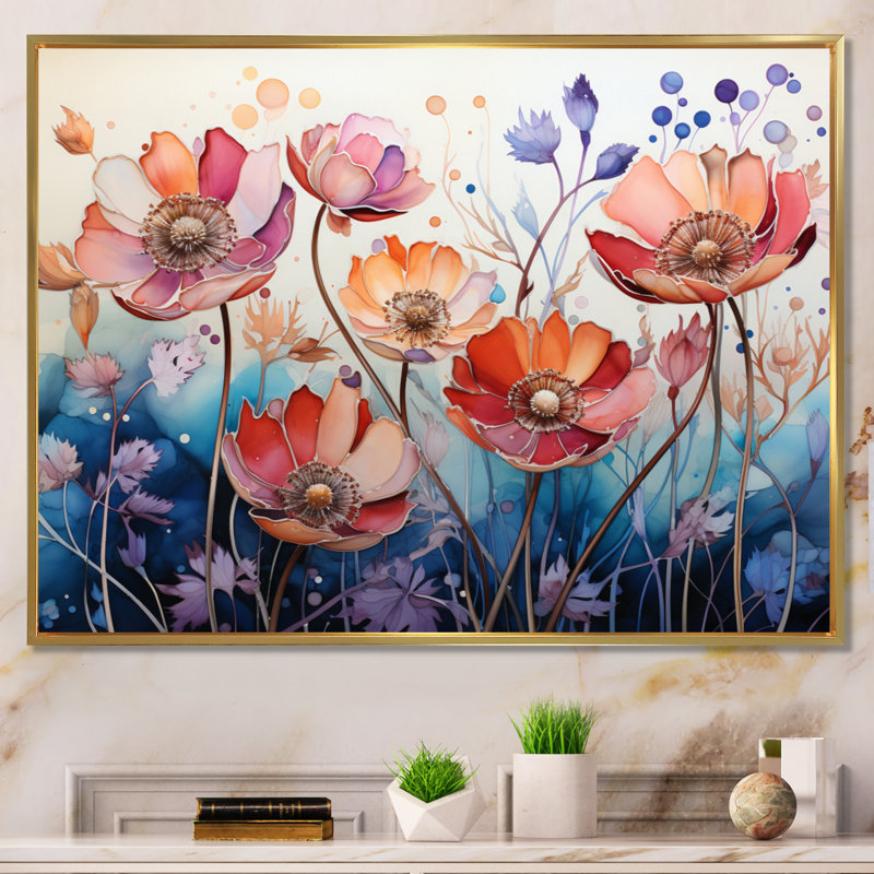 «Red Blue Botanical Serenade - Abstract Botanicals», reproduction d'art sur toile, L 40 po x H 30 po, Cadre flottant doré