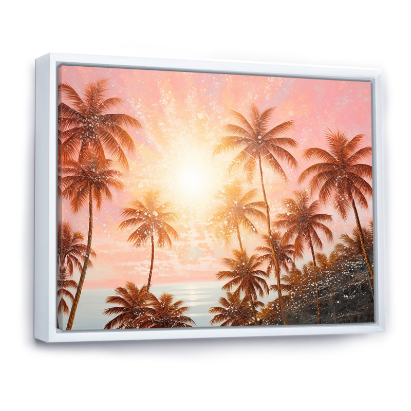 «Rose Radiance Sunset Palm Trees III», reproduction sur toile, Cadre flottant blanc, H 24 po x l 32 po x P 1 po