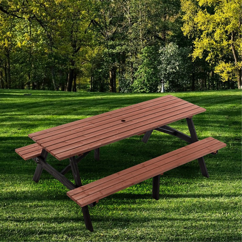 Ensemble de table de pique-nique en bois massif 75 po 75 po Capacité de 2200 lb Brun rustique pour l'extérieur avec trou de parasol pour terrasse, pelouse et barbecue (190 cm)