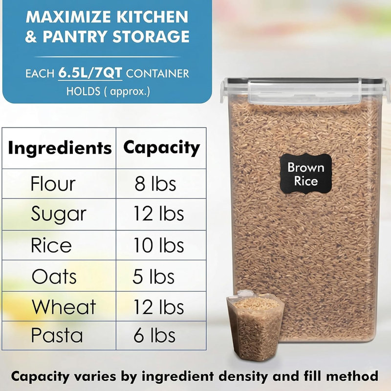 Lot de 2 grands contenants de conservation alimentaire [7 pintes / 6,5 L / 220 oz] avec couvercles hermétiques - Plastique transparent sans BPA - Idéaux pour la cuisine et le garde-manger, pour les céréales, la farine, le sucre, le riz