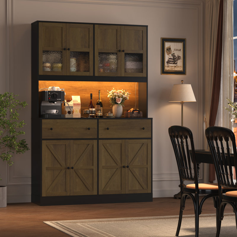 71" Kitchen Pantry with Charging Station, LED Light and Microwave Shelf, Wooden Storage Cabinet, Black/Brown