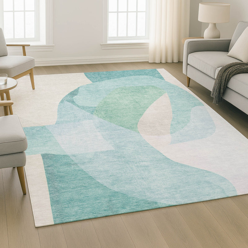 Tapis abstrait lavable à la machine de qualité supérieure Mayfield, Écume de mer, écume de mer, 9 pi x 12 pi
