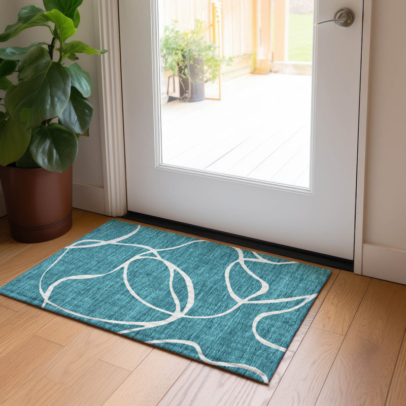 Teal Flat Woven Rectangular Synthetic Washable Rug 30" x 20"