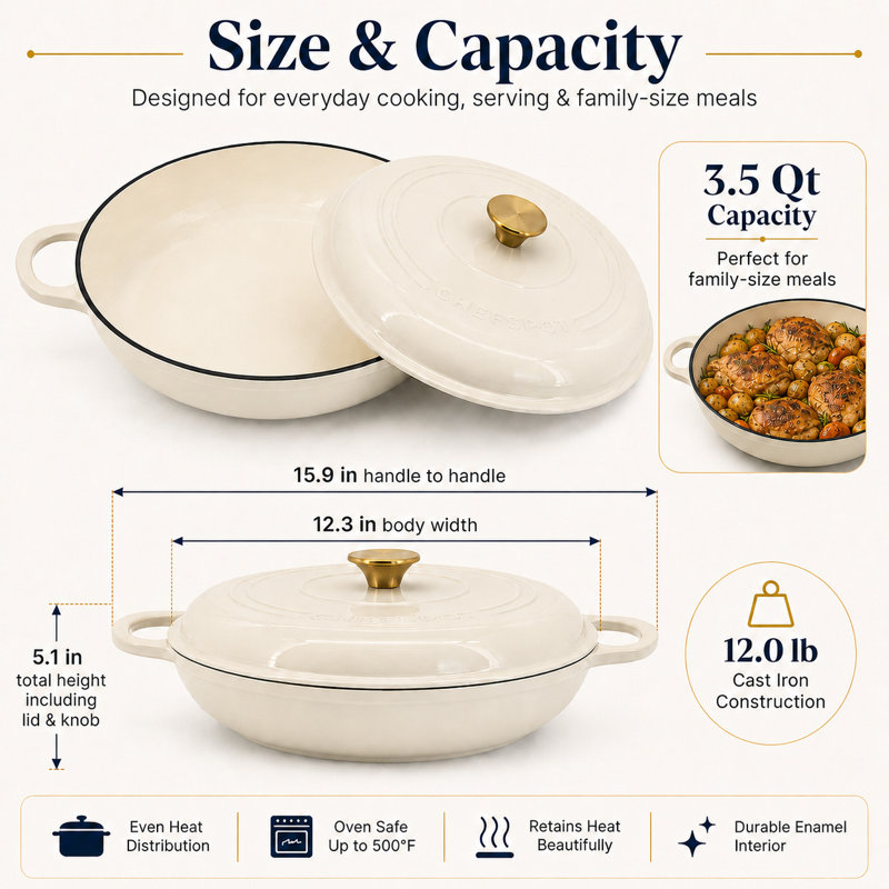 Cocotte ronde en fonte émaillée de 3,5 litres avec couvercle auto-arrosant et poignées en boucle (crème), Crème