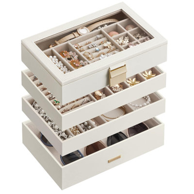 Stackable Jewellery Trays, 4-Tier Jewellery Box, Drawer Jewellery Organizer, With Glass Lid, Removable Dividers, Cloud White