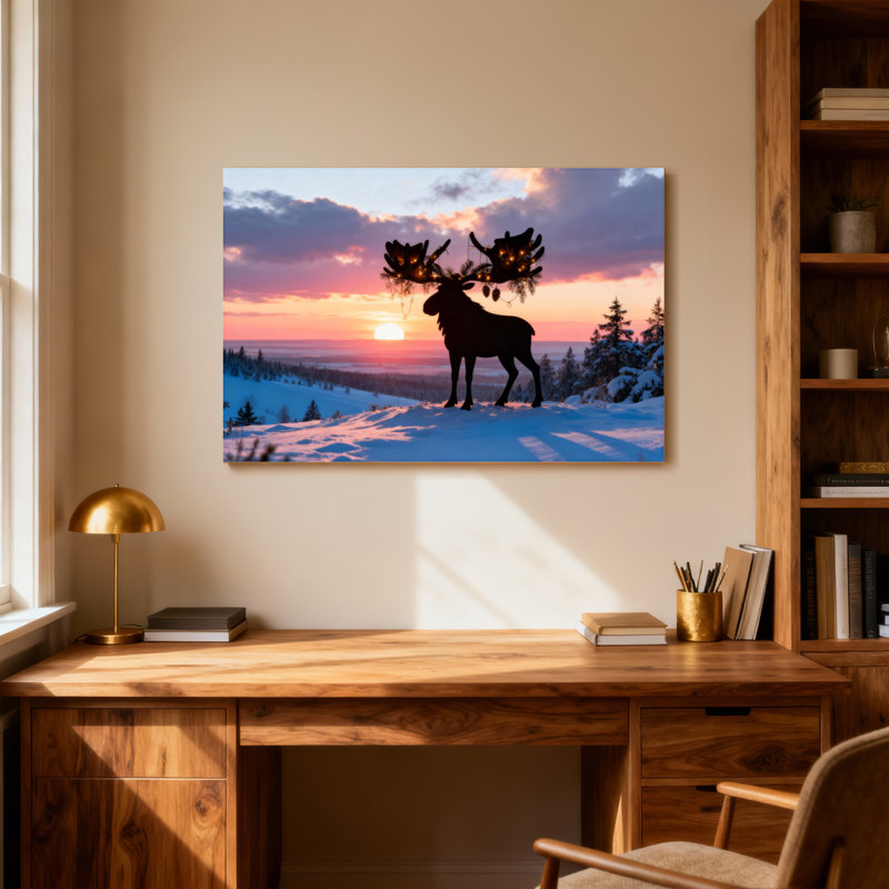 Silhouette d'orignal de Noël, coucher de soleil, paysage enneigé, arbres enneigé, H 20 po x l 30 po