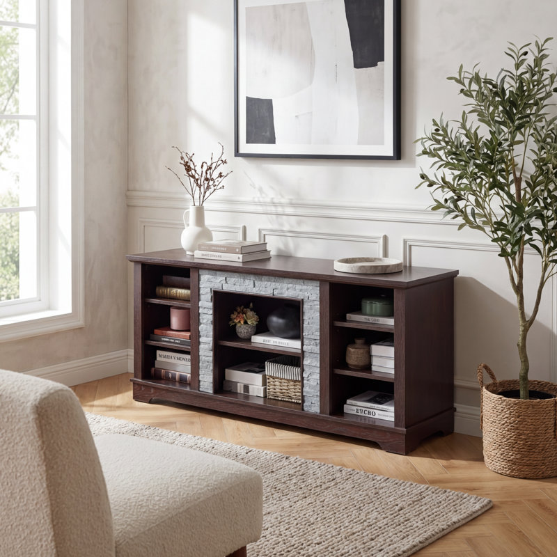Console de divertissement moderne en simili pierre avec console de divertissement avec compartiments de rangement ouverts et fermés réglables, découpes intégrées pour la gestion des câbles, compatible avec les téléviseurs à écran plat de 65 po ou moins.