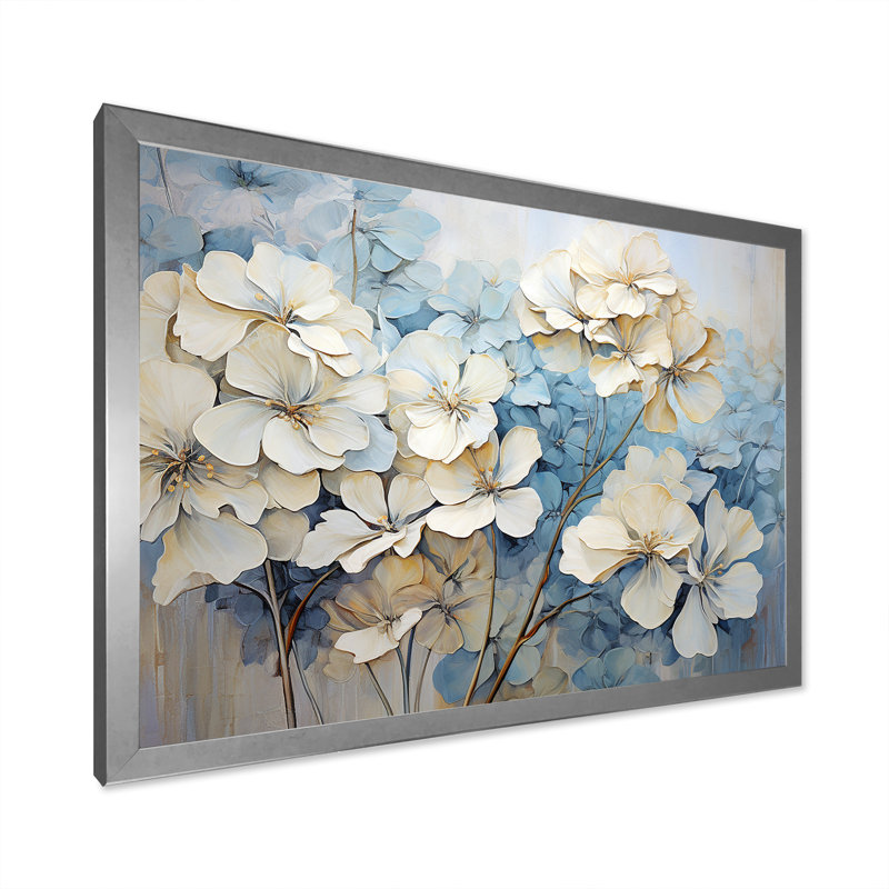 Minimalisme, géraniums blancs et bleus, Cadre simple argenté, H 16 po x l 32 po x P 1 po