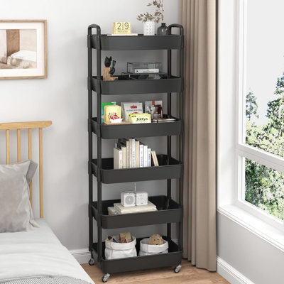 6-Tier Plastic Rolling Utility Cart with Handle, Multi-Functional Storage Trolley, Living Room, Kitchen, Movable Storage Organizer with Wheels
