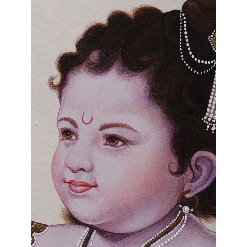 «Baby Krishna with Butterfly», peinture à l'aquarelle par Exotic India - Art spirituel indien traditionnel sur papier 16 po x 12 po