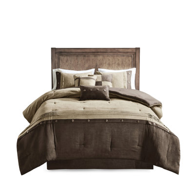 Queen Size Comforter Brown - 7 Piece Faux Suede, Lodge Cabin Style, , Decorative Pillows Suede Chic, Fill, Washable Bed Linen