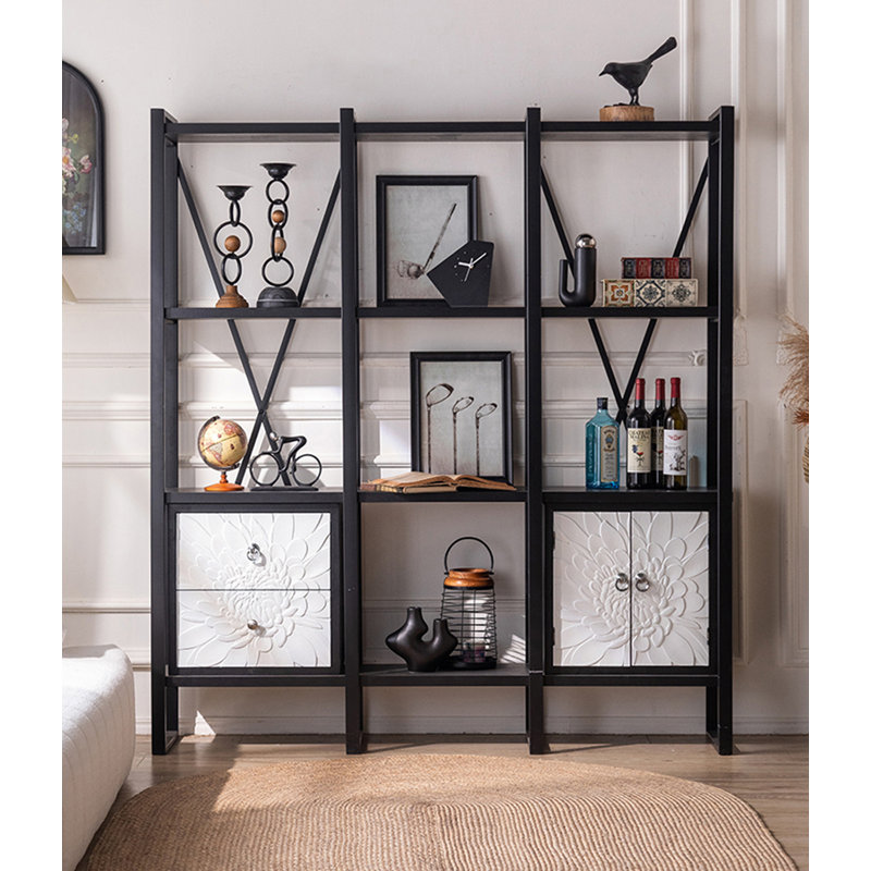 Wood and Metal Combination Bookshelf with Drawers