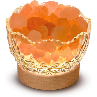 Pink Crystal Salt Bowl Lamp With Wooden Base