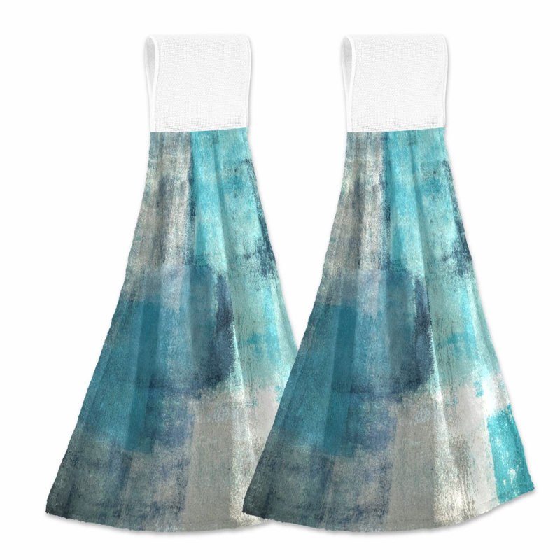 AquaArt Hanging Kitchen Towels - 2 Pack Absorbent Soft Dish Cloths with Loop, Modern Teal Turquoise Abstract Design for Bathroom, Farmhouse, Bar, Tabletop Home Decor
