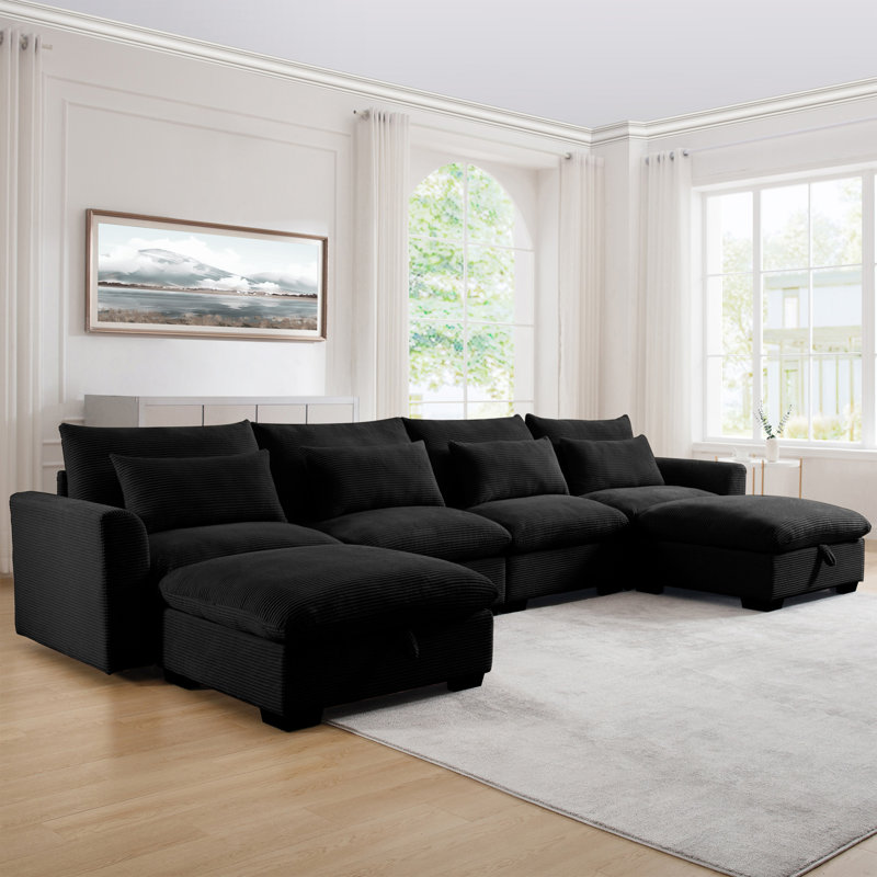 Big Deep Seat U-shaped Corduroy Sectional Couches For Living Room, 4 Seater Sofa Couch With 2 Storage Footstool And 4 Waist Pillows