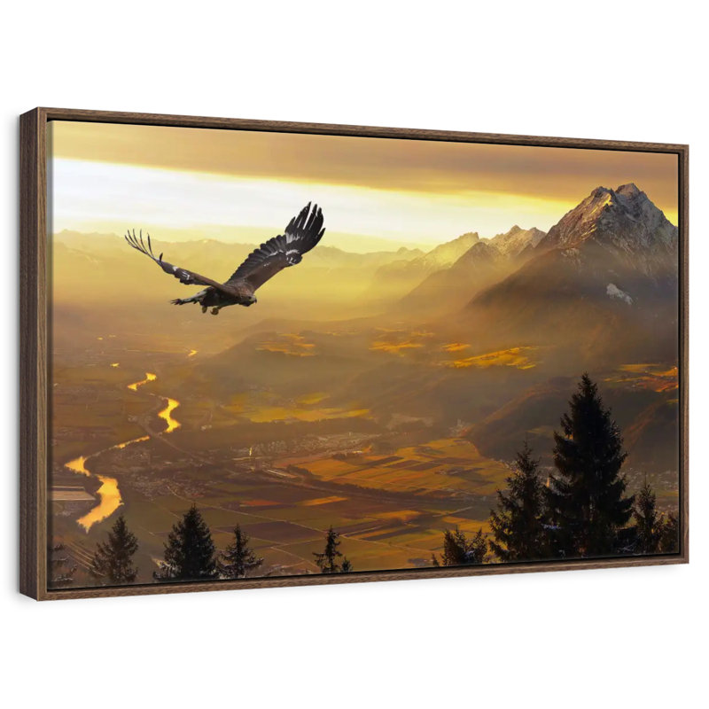 Aigle royal au coucher du soleil, 46 po x 31 po, Cadre flottant noyer