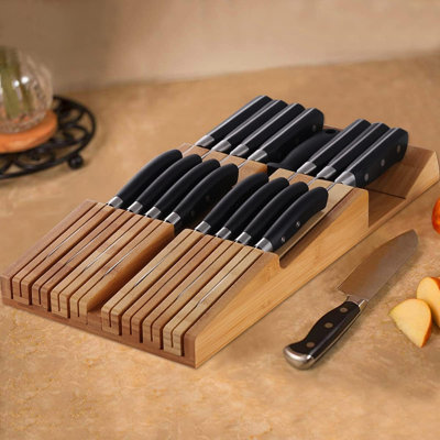 Ensemble de porte-couteaux dans le tiroir en bambou pour 16 couteaux (non inclus), grand support de rangement pour fente de cuisine amovible
