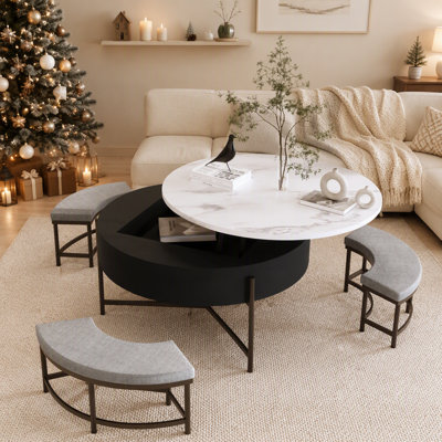 Table basse moderne à plateau relevable avec rangement caché et trois repose-pieds gigognes pour des espaces de vie polyvalents