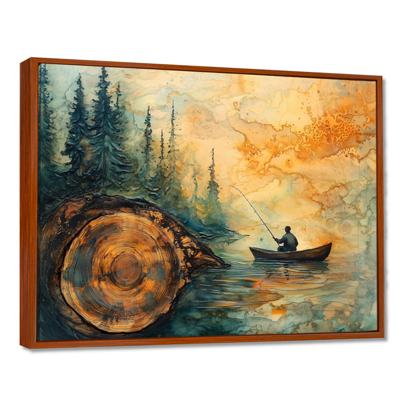 Gerrid pêche tranquillité rivière paysage II - bateau de pêche, art mural, H 12 po x l 20 po, Cadre flottant, Brun