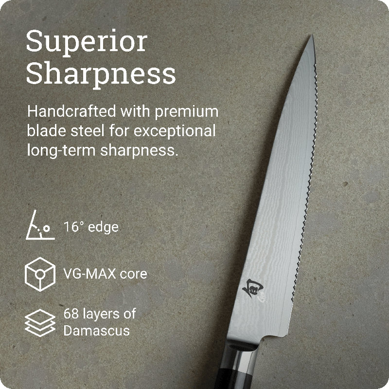 Shun Classic 6" Serrated Utility Knife, Handcrafted Japanese Knife, VG-MAX Core with Damascus Stainless Steel Cladding, Pakkawood Handle, Precision and Sharpness for Professional and Home Chefs