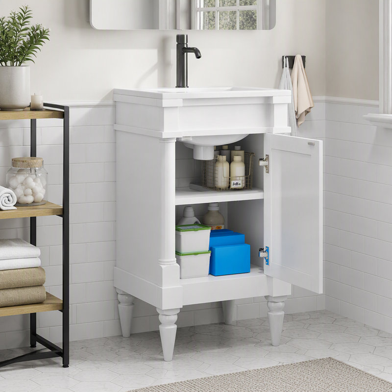 Meuble-lavabo de 18 pouces avec lavabo en céramique et tablette réglable, Blanc