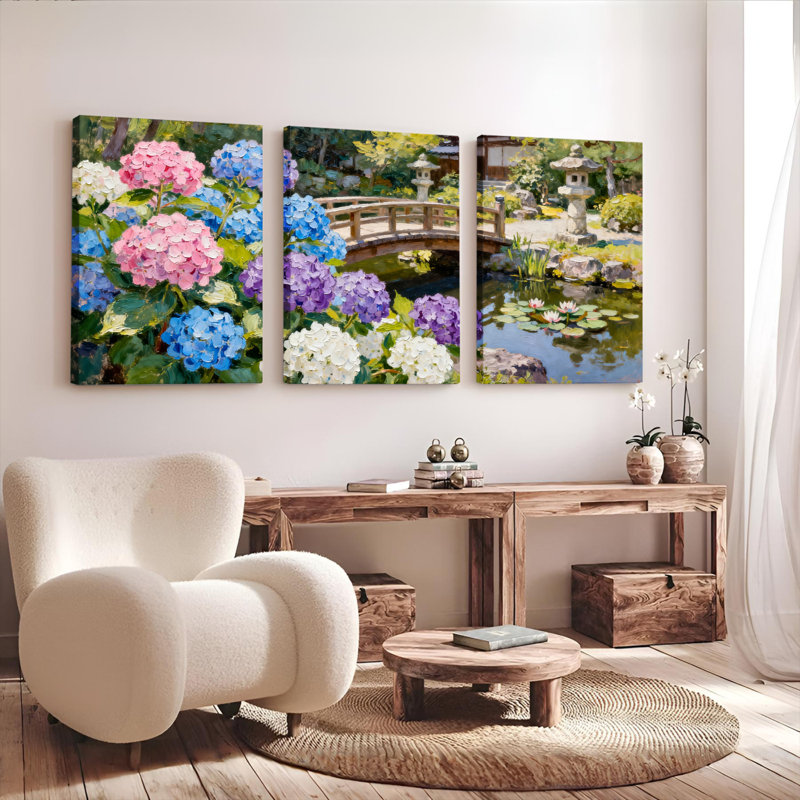 Ensemble de 3 tableaux sur toile tendue représentant un pont japonais et un jardin d'hortensias, H 30 po x l 60 po