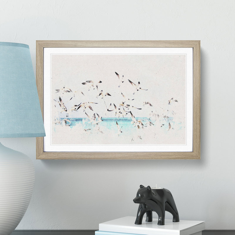 Flock of Seagulls over the Sea - Picture Frame Painting Print, 62cm H x 87cm W x 2cm D, Oak Framed