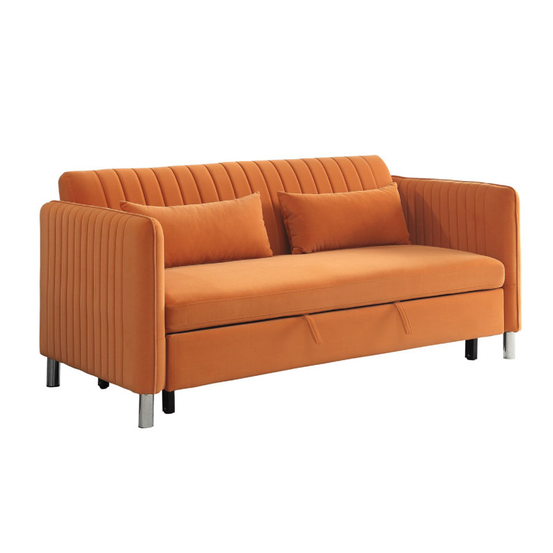 Canapé-lit convertible Elina, 2 coussins, dossier rabattable, velours orange