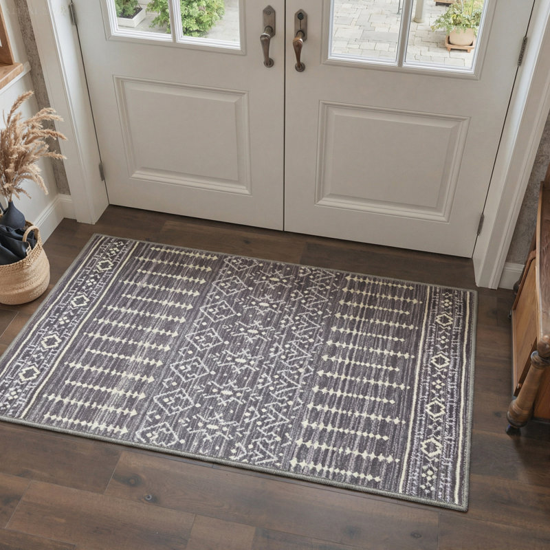 Tapis intérieur gris / beige lavable à la machine Zemara avec envers antidérapant, Rectangle 6 pi x 9 pi