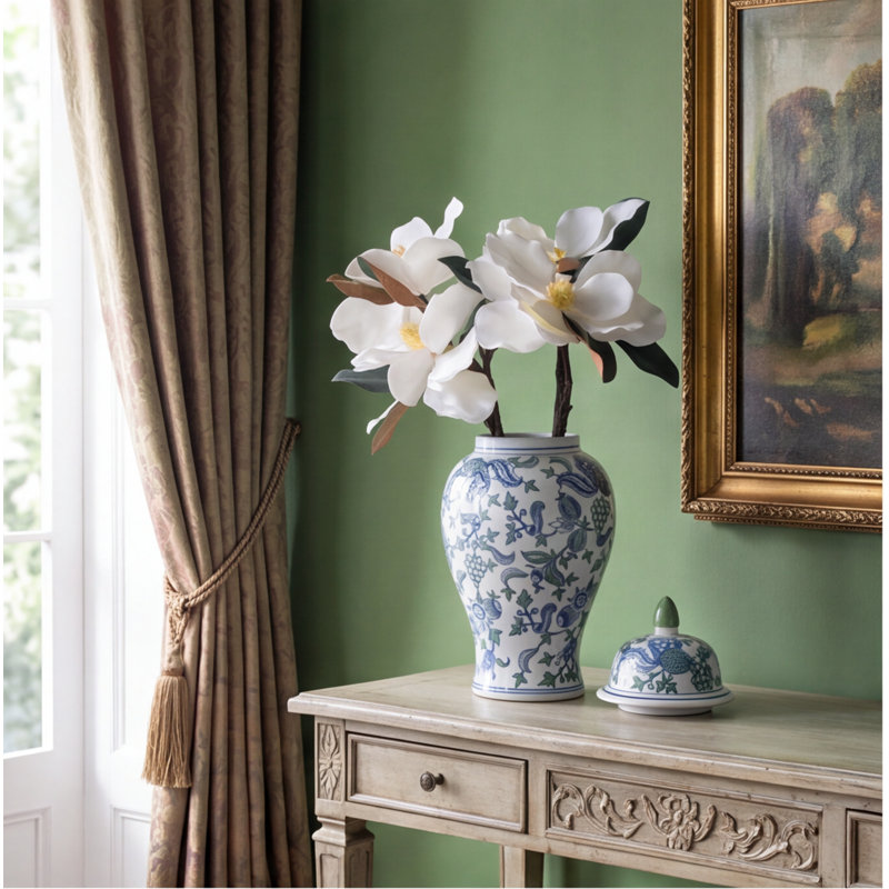 20.1-Inch Tall Decorative Porcelain Ginger Jar with Cherry Blossom Pattern - 10" Diameter, Multicolor