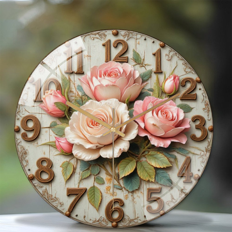 Horloge murale ornée de roses - Horloge murale moderne en verre 12 po