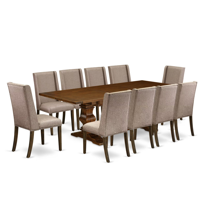 Ensemble de 11 pièces de coin-repas comprenant une table de salle à manger rectangulaire avec rallonge amovible et 10 chaises de salle à manger Parson en tissu kaki foncé, noyer antique