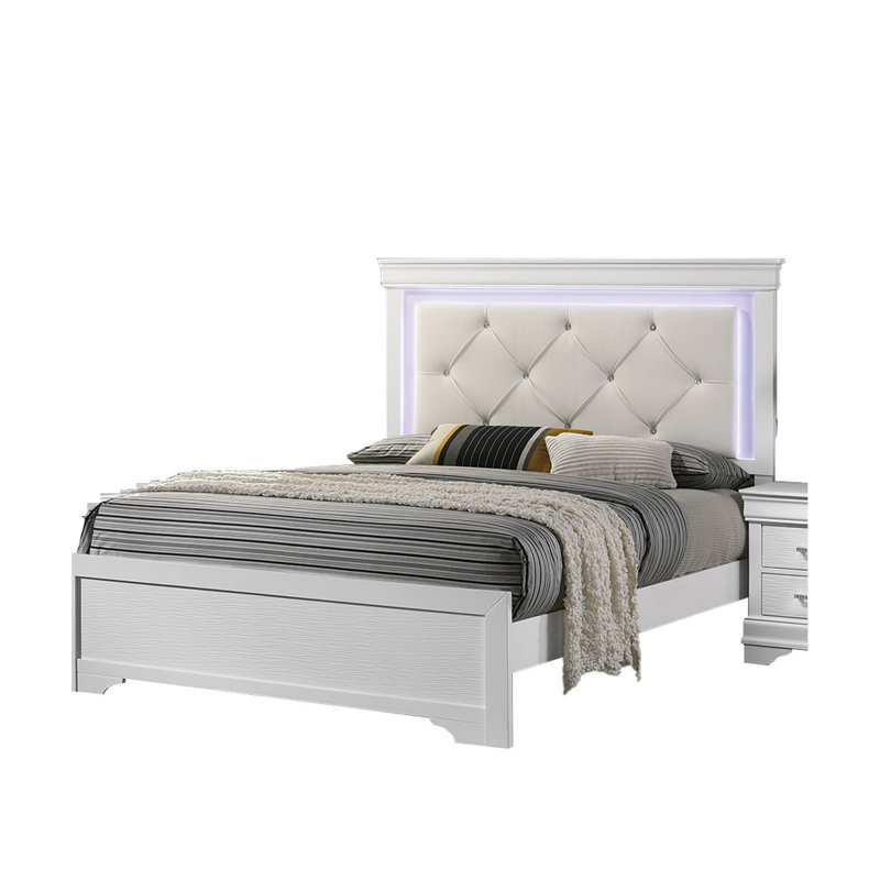 Contemporary White Faux Leather Queen Bed, Diamond - Headboard And Built In Led Feature Size Bed Leather, Headboard, Unique Textured For Bedroom Decor