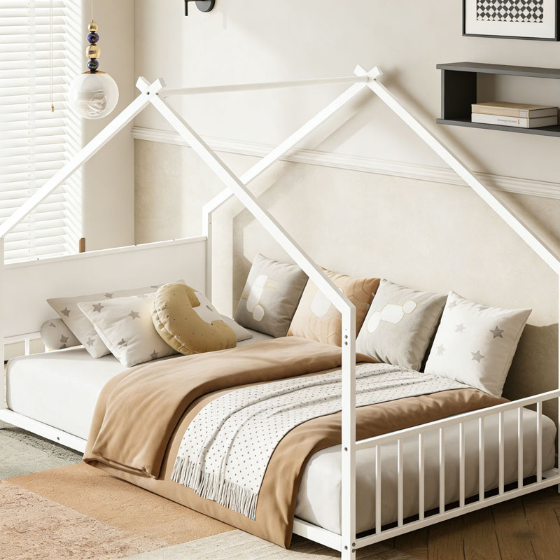 Twin Size House Bed with Roof and Colorful Lights, White