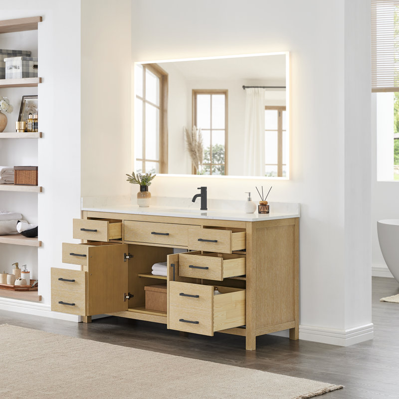 Beckett 66" Freestanding Single Bathroom Vanity with Cultured Marble Top, Whitewashed Oak, Brushed Gold