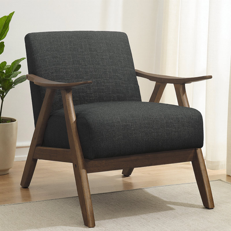 Fauteuil d'appoint en tissu rétro avec siège et dossier en bois massif rétro, Noyer, Gris foncé