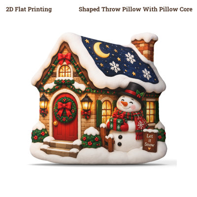 Christmas Snowy Cottage Snowman Winter Village Holiday 2D Flat Printing Shaped Stuffed Throw Pillow, Perfect for Sofa Bedroom Living Room Cozy Home Decor for Office And Car, Throw Pillow Gift 40cm