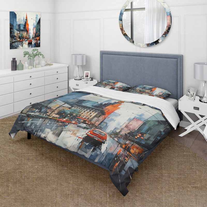 Ensemble de housse de couette abstrait bleu et gris Mid Century Mid-Century Metropolis I - microfibre de polyester
