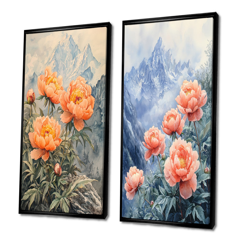 Pivoines et sommet de montagne III - art mural floral 2 pièces, 40" H x 41" W, Impression encadrée flottante, Black