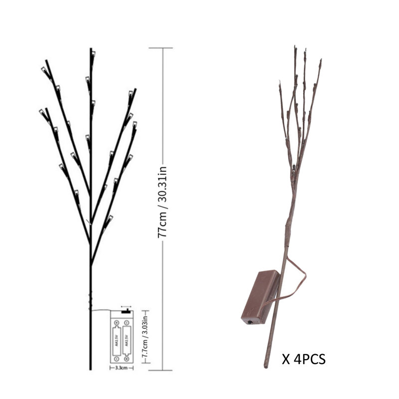 Paquet de 4 branches de rameaux éclairées à DEL, 20 DEL par branche flexible pour remplisseurs de vase, White branches