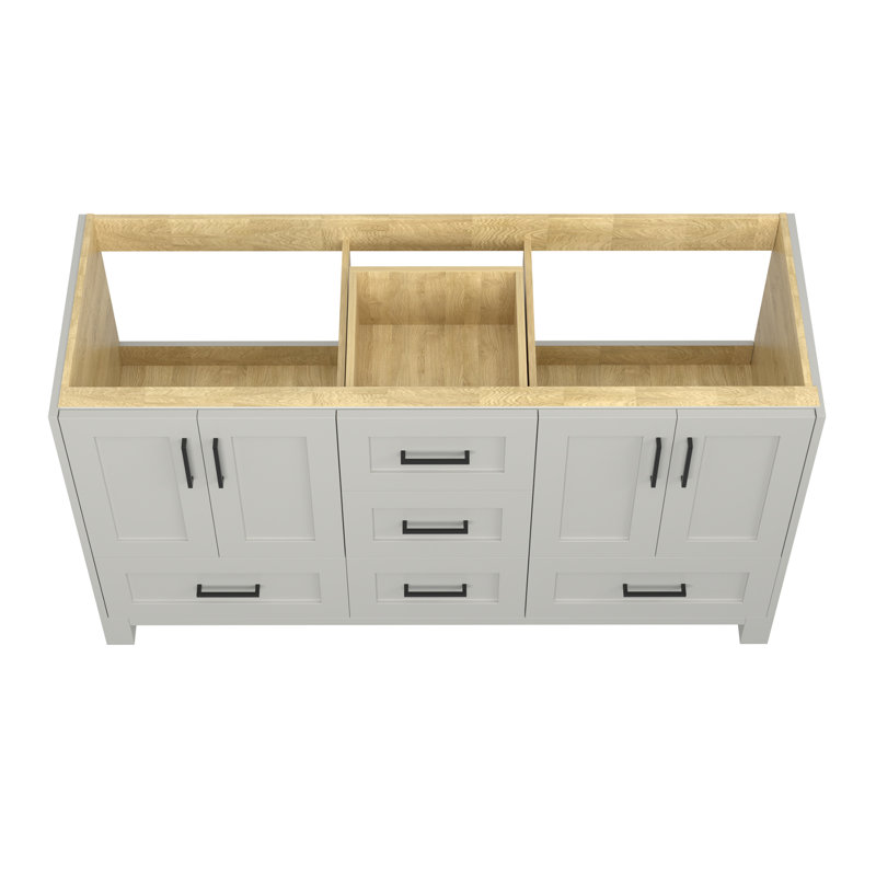 Base de meuble-lavabo double 60 po en bois massif sans lavabo, Gris clair