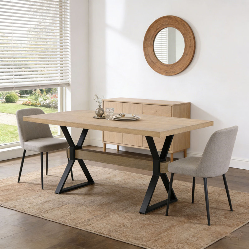 Shaun 63" Dining Table with X-Shaped Metal Legs, Light Ash
