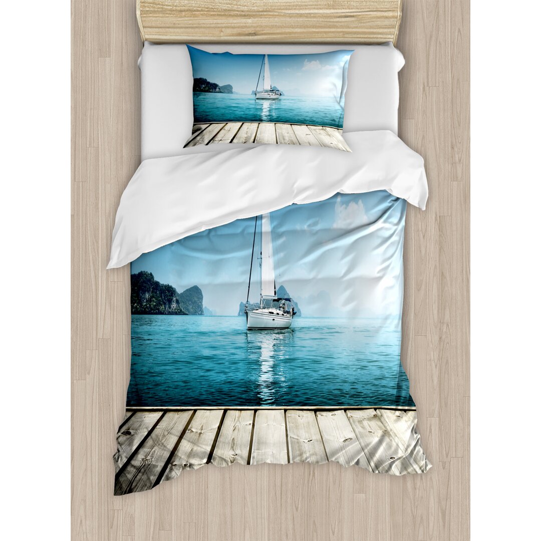 Bettbezug Set, Yacht und Holzdeck, Nautisch, Braun Blau